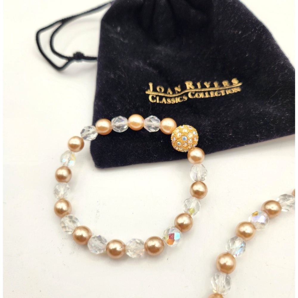 Joan Rivers Soft Pink Faux Pearl & Crystal Stretch Necklace Bracelet Set VIntage - Picture 4 of 4